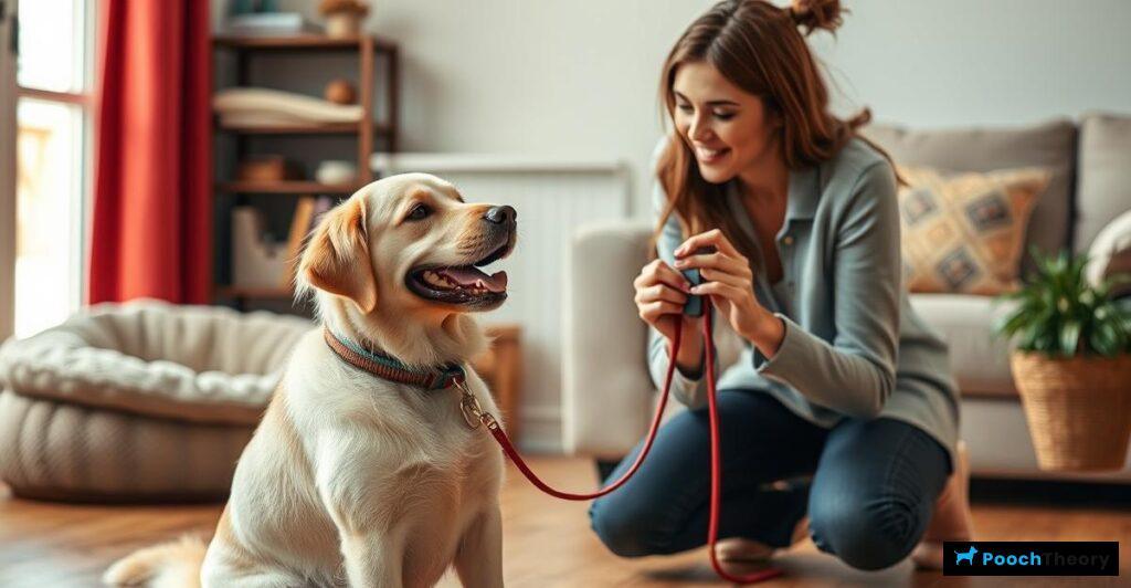 A person patiently trains a happy Labrador at home using treats, a clicker, and basic tools in a warm, inviting setting.