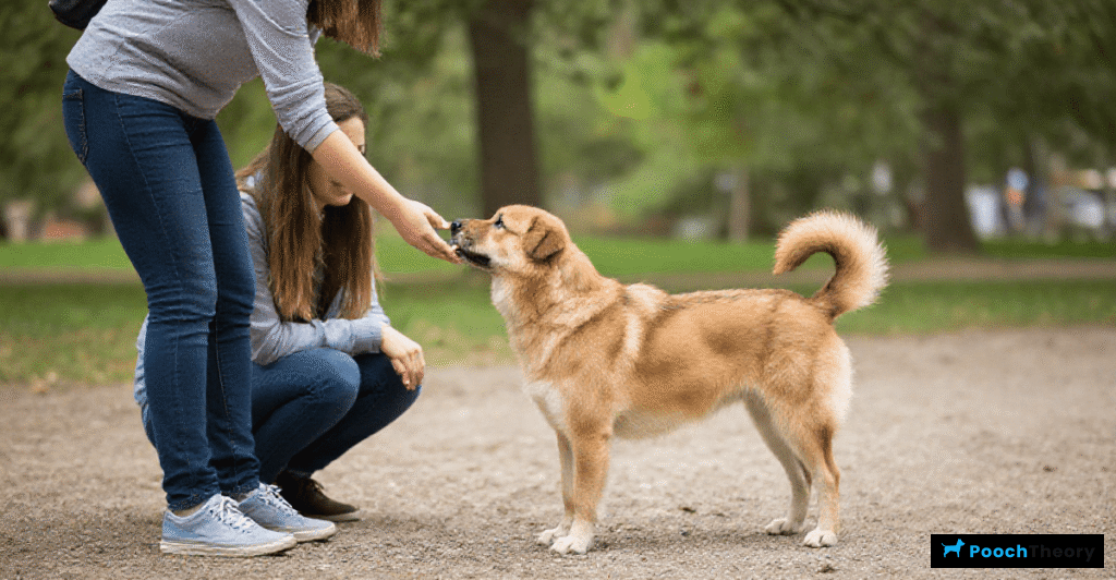 A person gently introducing a protective dog to a stranger in a peaceful park, with the dog appearing relaxed and friendly.