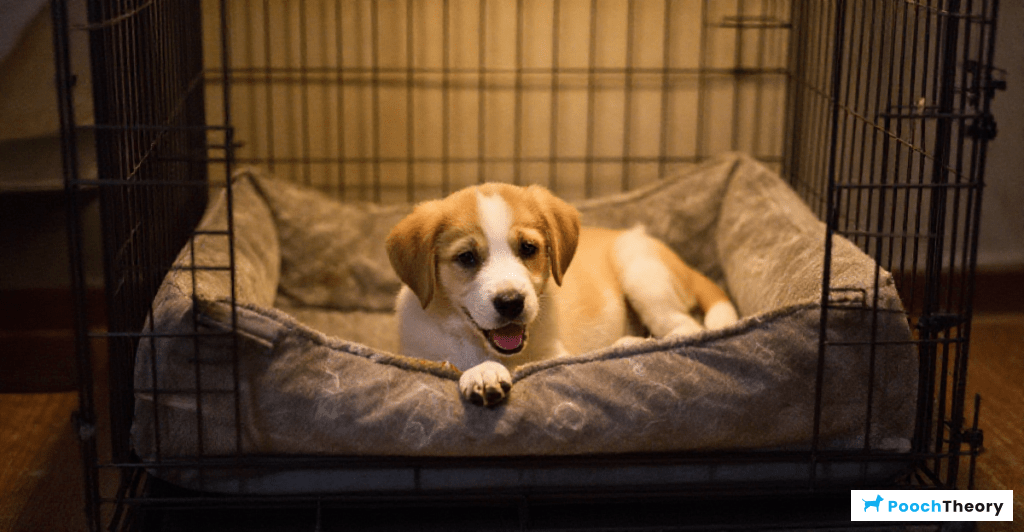A puppy peacefully resting in a crate at night, demonstrating calm crate training techniques.