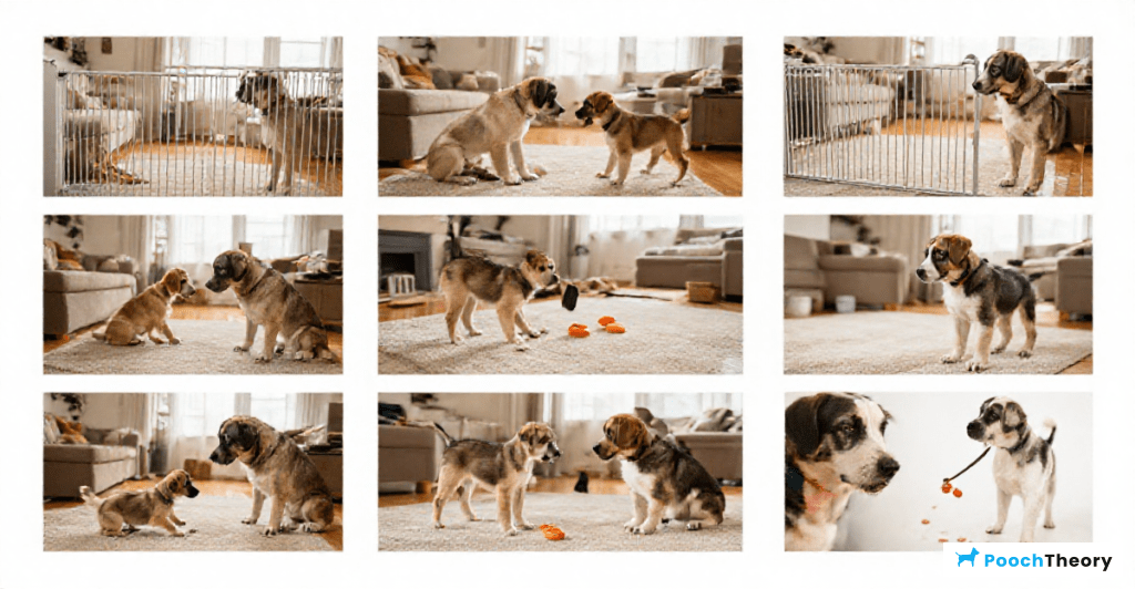 Steps to introduce a new puppy to an older dog in a cozy living room setting.