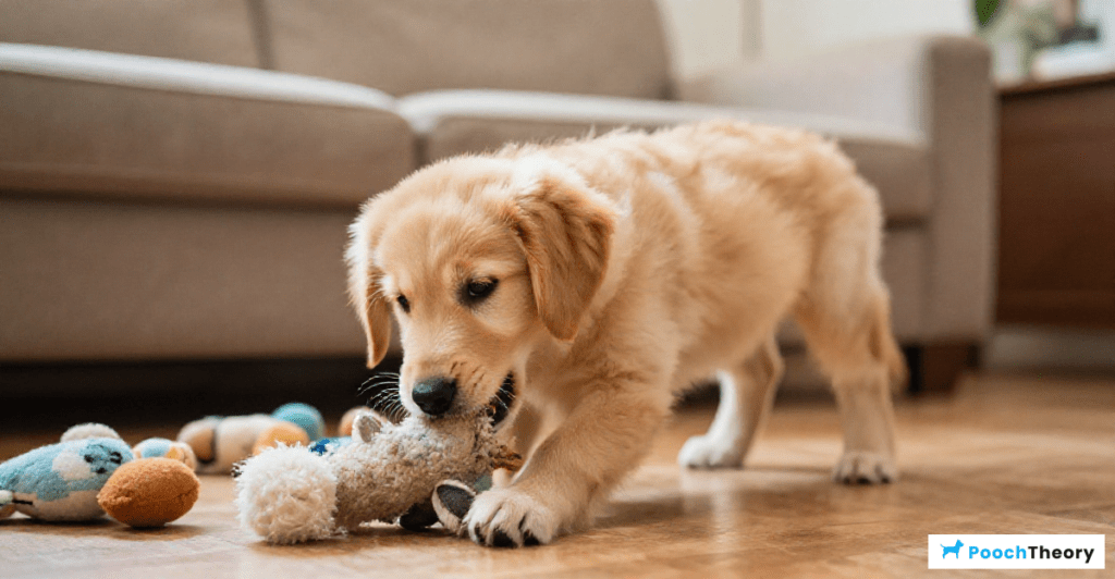 Golden retriever puppy chewing on a soft toy in a cozy living room