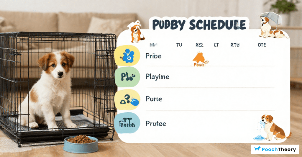 A guide for crate scheduling for an 8-week-old puppy with a cute puppy featured.