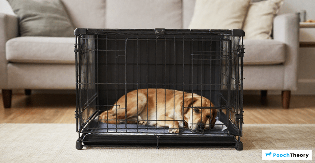 A dog in a crate looking calm, depicting methods to reduce barking when alone.
