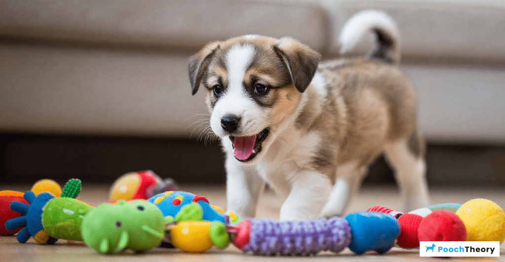 A puppy growling protectively over toys, indicating normal behavior in dogs.