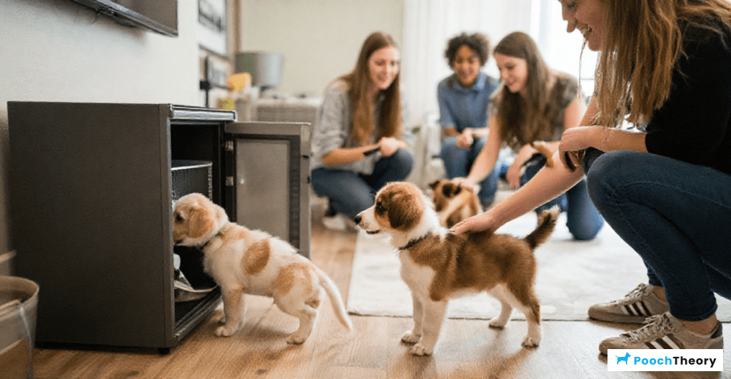 Puppy socialization in an apartment building before vaccinations, featuring friendly encounters.