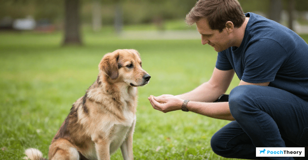 Guide for helping your rescue dog who is afraid of men, featuring a supportive interaction.