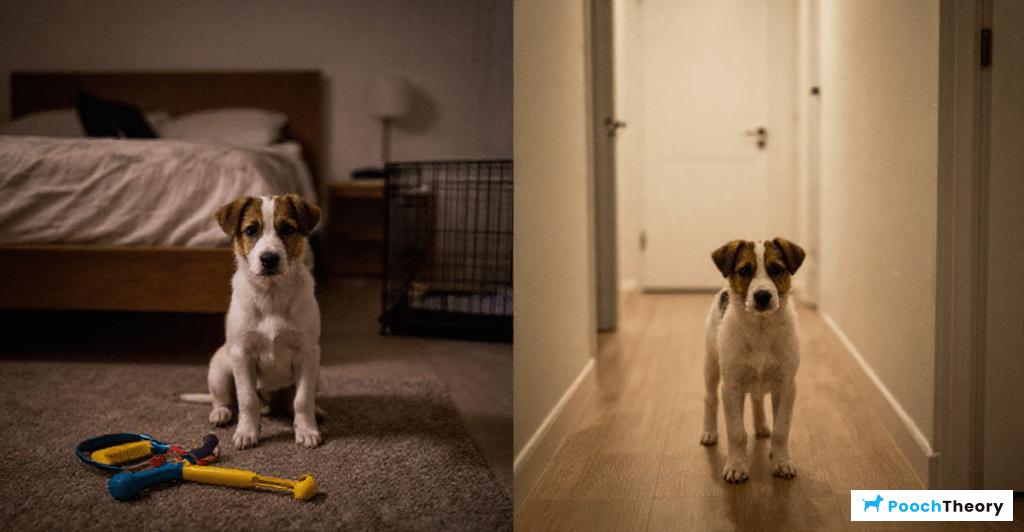 Comparing kennel training a puppy at night in a bedroom and hallway setting.