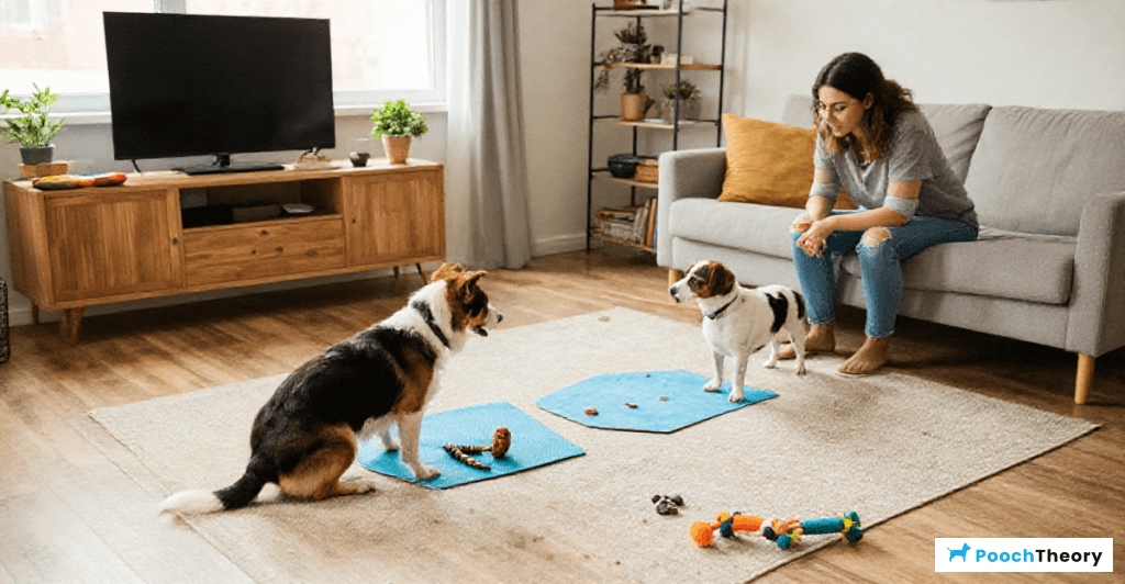 Mastering dog training routines in a small studio apartment environment.